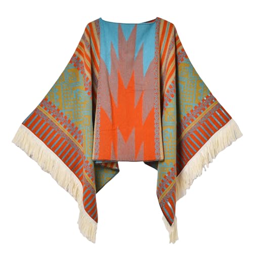 Iris Sprite Damen Pullover Poncho Ethno Stil Poncho für Frauen Quasten Strickschals und Wraps Capes, Orange, Einheitsgröße