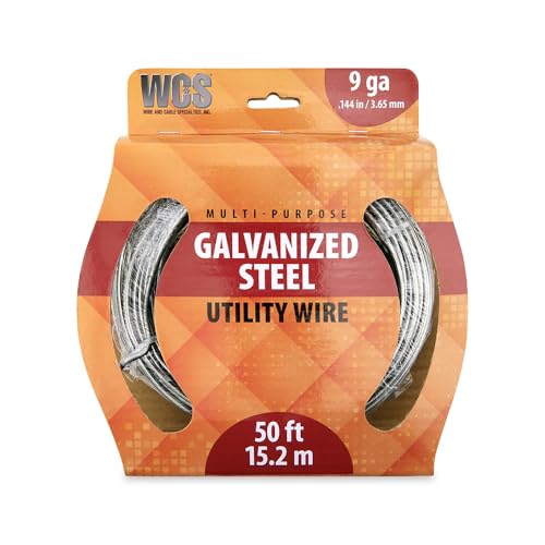 WCS Utility Wire Galvanized Steel | 9 Gauge SWG for Securing and Bracing | Zinc Coated Corrosion Resistance | 50 Ft Coil Garden Fence Use | Home Improvement