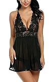 Tuopuda Mujer Lencería Encaje Babydoll Cuello en V Pijama Semi Transparente de Verano Halter sin Mangas Atractivas Floral Encaje Camisa de señora+Braguita