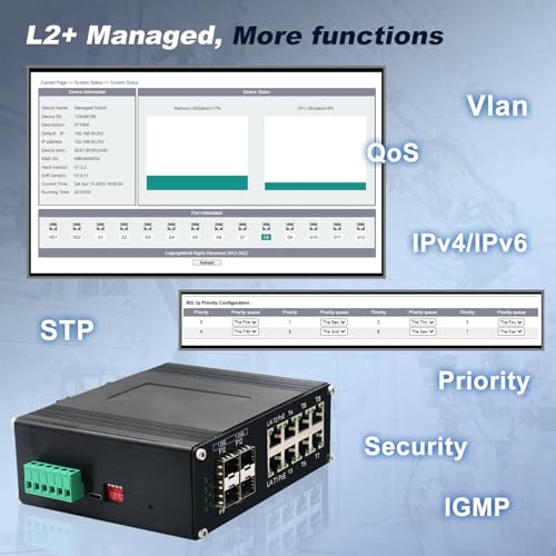 Image of Industrial Managed 8-Port 10 /100 /1000Base-T PoE Switch with 4-Port 1000Base-X SFP, IEEE 802.3af /at 30W PoE Ethernet Switch, L2 Web Management Support Ring Network by USB-C Port Connection