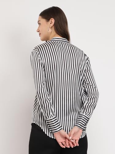 Image of FableStreet Women Formal Shirt | Relaxed Fit V-Neck Polka Dot Pattern with Pleated Detailing | Satin Fabric for Business Casual