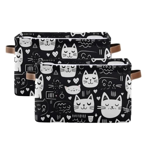 PaChyLuu White Black Cats Storage Basket Bin Canvas Fabric Organizer Toys Basket with Handles for Home Office Nursery, Clothes, Gifts, 2 Pcs