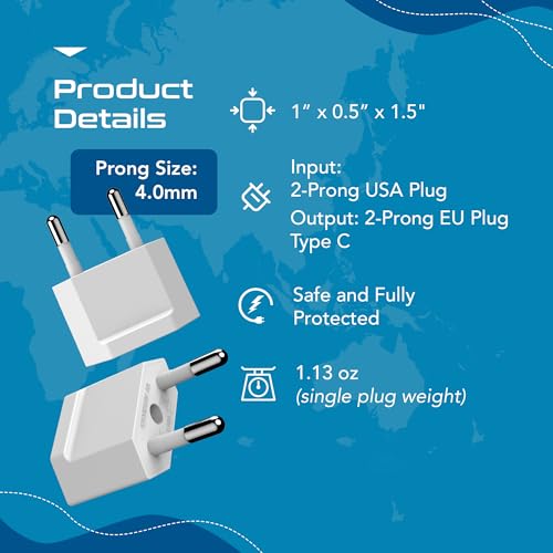 Image of Ceptics European Travel Plug Adapter - Converts USA to EU, Asia and Italy Outlet - Type A to Type C converter - Use in Germany, Spain, & More - 6-Pack