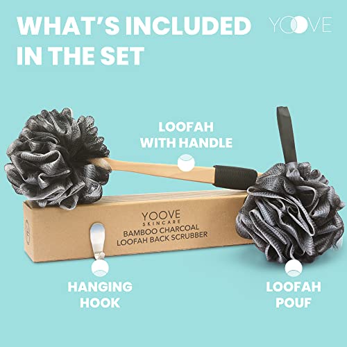 Loofah Back Scrubber | Bamboo Charcoal Infused Shower Scrubber | Bath-Sponge | Exfoliating Lufa Body Scrubber For Men & Women | Includes 1 Loofah On A Stick,1 Luffa Pouf And 1 Hook To Hang Loufa-Black #TOP2