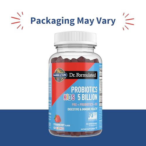 Image of Garden of Life Dr Formulated 5 Billion CFU Prebiotic Fiber, Probiotic and Vitamin D3 for Kids Digestive & Immune Health - Gluten Free,Non GMO,No Added Sugars, Strawberry Flavor,60 Gummies,(Pack of 2)