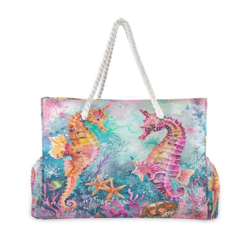 Image of Beach Tote Bags for Women, Turtle Flower Starfish Large Beach Shoulder Bag Pool Bags Purse