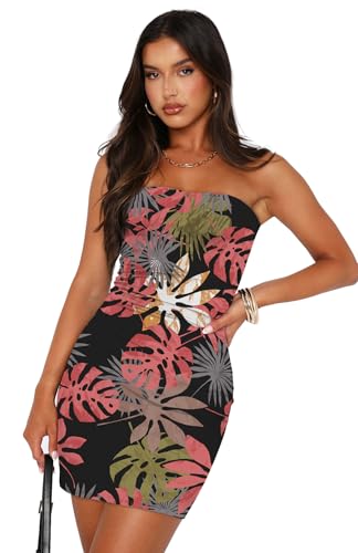 Image of OFEEFAN Summer Dresses for Women 2025 Strapless Ruched Party Club Bodycon Mini Dress