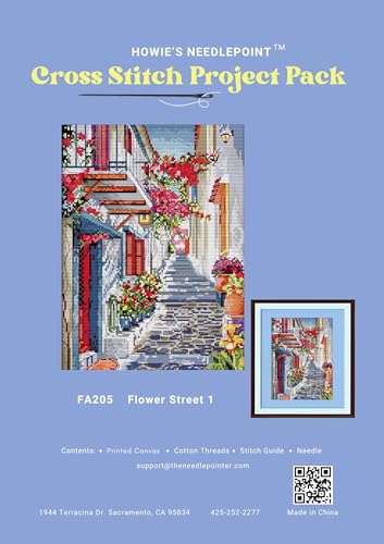 Image of Howie's Cross Stitch Kits, 14CT Pre-Printed Pattern Embroidery Set Needlework, Full Range of Stamped Starter Kits(Flower Street 1, 11.42 x 14.96 inch)