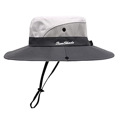 Image of Womens Summer Sun Hat Beach Hat Wide Brim Outdoor UV Protection Hat Foldable Cool Mesh Ponytail Bucket Hat