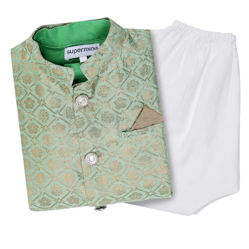 Image of Superminis Boy's Cottton Kurta Cotton Brocade Printed With Golden Thread Work Nehru Jacket and Elastic Closure Pyjama Set