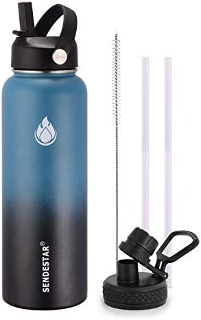 SENDESTAR Water Bottle 32oz Double Wall Vacuum Insulated Leak Proof Stainless Steel Sports Water Bottle—Wide Mouth with New Flex Straw Lid & Spout Lid (Deep Blue&Black)