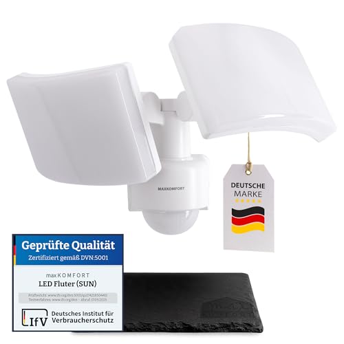 Maxkomfort LED Außenwandleuchte mit Bewegungsmelder Fluter Weiß Schwenkbar | 40W Neutralweiß 4000K IP65 3200lm | Eckmontage | Steuerung bis 500W | SUN3200
