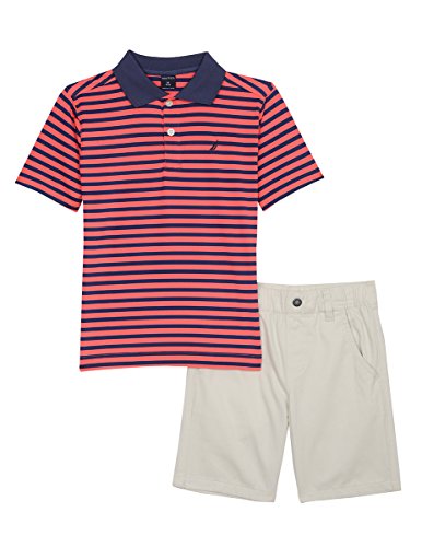 Nautica Toddler Boys Two Piece Set with Synthetic Polo Shirt and Short, Guava Stripe, 2T