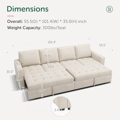 Image of HONBAY Modular Sectional Sleeper Sofa with Pull Out Bed, Linen Convertible Sectional Couches for Living Room,Beige