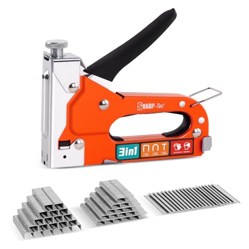 Image of Sharp-tec 3-in-1 Staple Gun, Upholstery Staple Gun Kit with 3000 Staples, Staplers & Tackers with Quick-Jam Release for Wood, Cardboard, Crafts, DIY, Cable, Carpet (Orange)