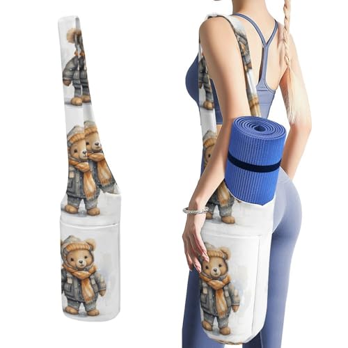 Sac de tapis de yoga ours en toile avec porte-bouteille et compartiment humide