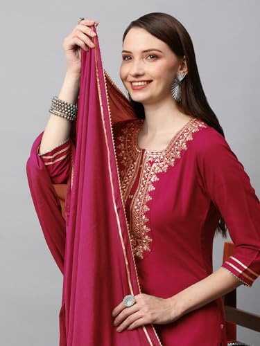 Image of GoSriKi Women's Cotton Blend Straight Embroidered Kurta with Pant & Dupatta Set (Dhati-GS)
