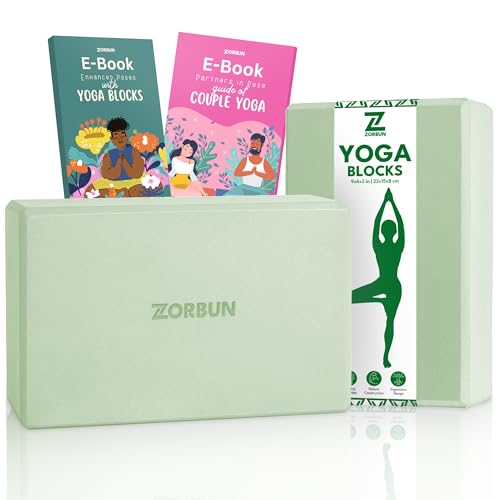 Zorbun - Yoga Block Set of 2 - High Density EVA Foam Blocks - Mint Green Anti-Slip Yoga Brick with eBook - Perfect for Pilates, Exercise, & Meditation