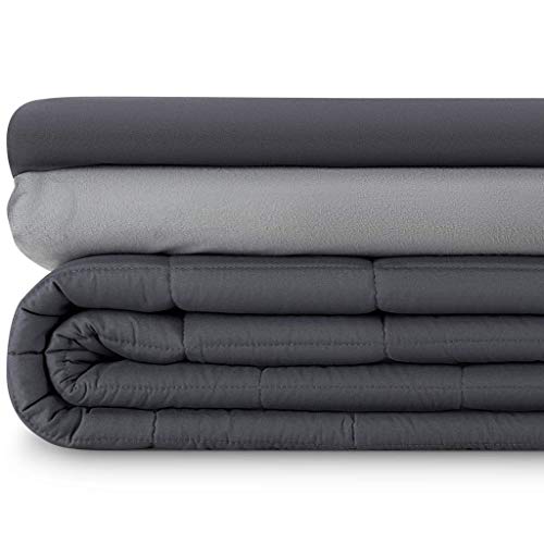 Luna [Cotton Cooling Weighted Blankets + Duvet Covers] 3pc Breathable All Seasons Weighted Blanket + Thermo-Regulating & Fleece Duvet Set [15lbs - Queen - 60" x 80"] [Dark Grey]