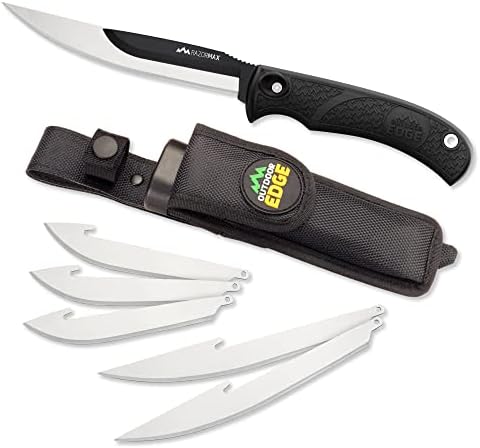 OUTDOOR EDGE RazorMax - Replaceable Fixed Blade Hunting Knife with 3.5" and 5" Blades, Belt Sheath and Detachable Blade Carrier (Black, 6 Blades)