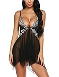 klier Women V-Neck Lace Babydoll Mesh Chemise Sleepwear Sexy Open Front Lingerie with G-String Black