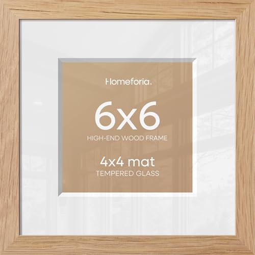 Image of Homeforia 6x6 Picture Frames Wood, High-End Natural Oak 6 x 6 Square Frames with Mat 4 by 4 inch Photo, 6by6 Light Wooden Frames Matted to 4x4 Print, Tabletop Frame, Tempered Glass, Wall Kit, Set of 2
