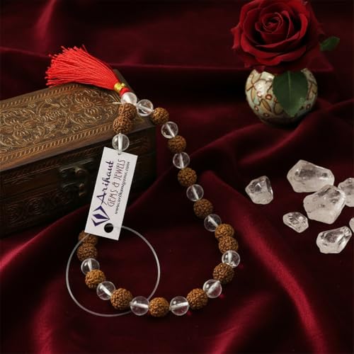 Image of Arihant Gems and Jewels Original Sphatik & Rudraksha Mala 27+1 Beads (8MM) | Natural Crystal Quartz Jaap Mala for Meditation, Yoga & Healing | Authentic Rudraksha Prayer Beads Mala for Men & Women | Energy Balancing Spiritual Necklace.