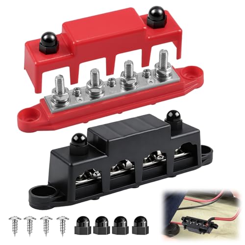 Menibeuty Busbar 12V 250A avec Couvercle, Bloc de Distribution d'Alimentation 12-48V, Bornier 4 x M8 et 3 x M4, Kit Bornier Voiture et Barres de Distribution pour Bateau Camping-Car Solaire