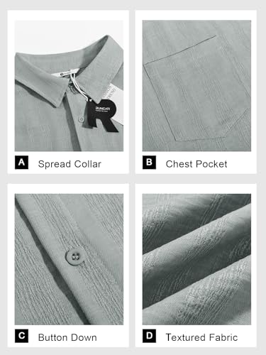 Runcati Mens Button Down Shirts Casual Short Sleeve Shirt Textured Linen Summer Beach Tops with Pocket Grey