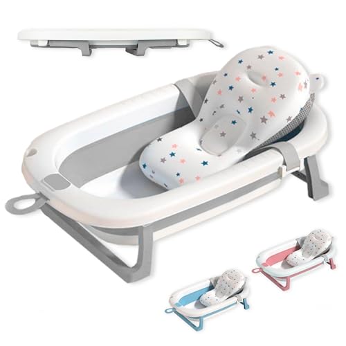 JUPPLIES Bañera Plegable Bebe con Cojin Ergonomico - Bañera Bebe con Patas Plegables Antideslizantes - Bañerita Bebe Portatil y Facil de Guardar - Bañeras para Bebes Banheira (Gris, Sin Termómetro)