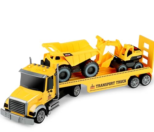 Dwi Dowellin 27" Large Friction Powered Construction Truck Car Toy with Excavator and Dump,Semi Truck Toys for 3 4 5 Years Old Toddlers Kids Boys & Girls Gift