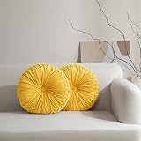 HIG Set of 2 Yellow Ruched Velvet Round Throw Pillows – 14.5’’ Decorative...