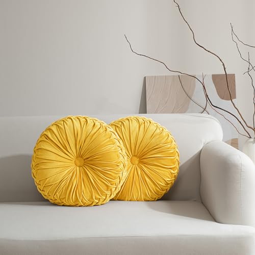 HIG Set of 2 Yellow Ruched Velvet Round Throw Pillows – 14.5’’ Decorative Pillows with Soft Polyester Filling for Couch, Bed, Living Room, Bedroom, or Dorm – Handmade, Stress Relieving, All-Season