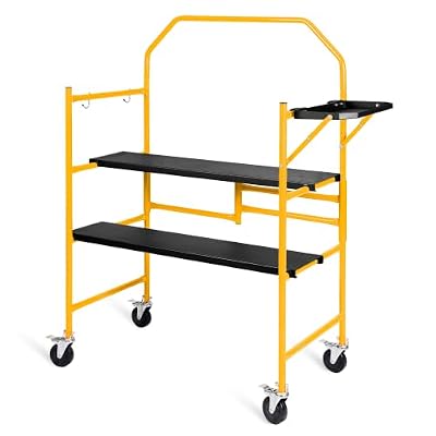 WORKESS 4FT Portable Rolling Scaffolding 500 lbs Capacity Folding Mobile Scaffolding Locking Wheels Safety Guard Rail Tool Shelf for Painting Ceiling Repair Home Renovation