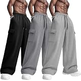 Neer 3 Pack Men's Cargo Sweatpants Baggy Open Bottom Joggers Straight Wide Leg Drawstring Lightweight Pants with Pockets(Black, Light Gray, Cement Gray,XX-Large)