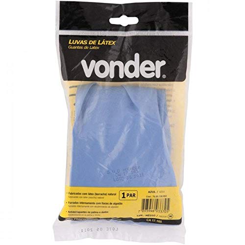 Luva de Látex, Tamanho M, Cor Azul, Antiderrapante, com Forro, Vonder VDO2376