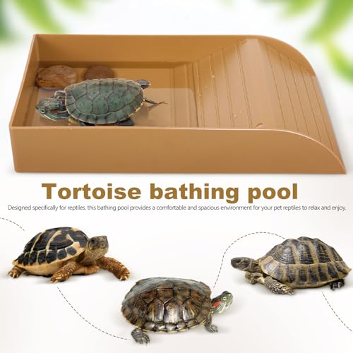 IMIKEYA Großer brauner Schildkröten-Badetank mit Rampe, Wassernapf für Reptilien, Futter und Wasser, Zubehör zum Einweichen und Trinken