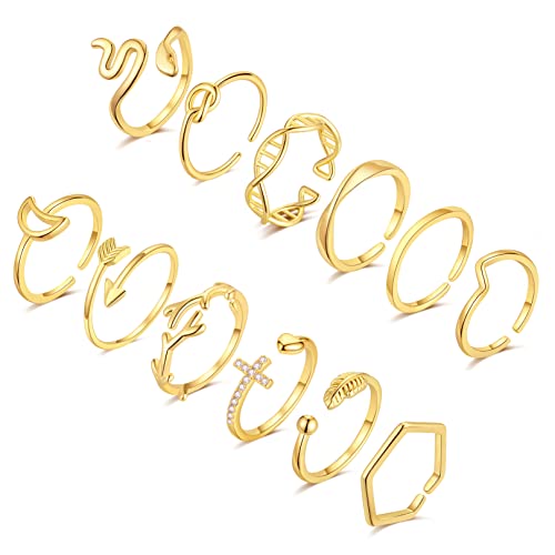 TOSGMY 12PCS Adjustable Knuckle Rings for Women 14K Gold Plated Open Ring Knuckle Stacking Rings for Teen Girls Gold Silver Stackable Finger Rings Knot Wave Open Rings Set