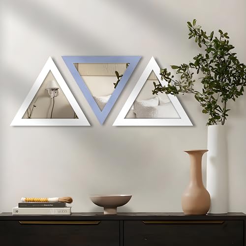 Image of Art Street Acrylic Triangle Decorative Wall Mirror Set of 3 Triangle Shape Mirror for Home Decoration, (9x9 Inch, White, Light Blue)