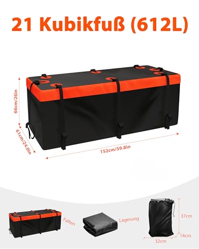 Signstek Anhängerkupplung Soft Shell Auto Heckbox für das Heck des Fahrzeugs Fassungsvermögen, Transportbox faltbar und wasserdicht: 20 Kubikfuß/612 Liter | Abmessungen: 152 x 66 x 61 cm