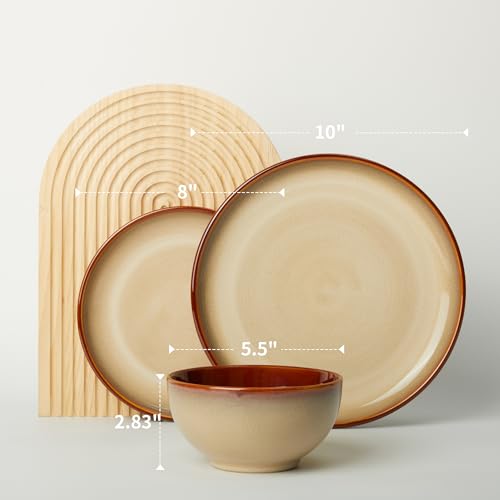 Image of Pokini Stoneware Dinnerware Sets, Ceramic Plates and Bowls Set, Microwave & Dishwasher Safe Kitchen Dish Set, Modern Dinner Salad Plates | Cereal Bowls for 4, Dishware Sets Brown Yellow
