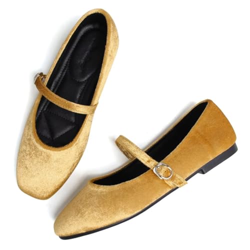 Stunner Velvet Flats for Women Women's Mary Jane Shoes Retro Square Toe Ballet Flats Comfortable Buckle Strap Flat Shoes Gold 42(9.5) 24