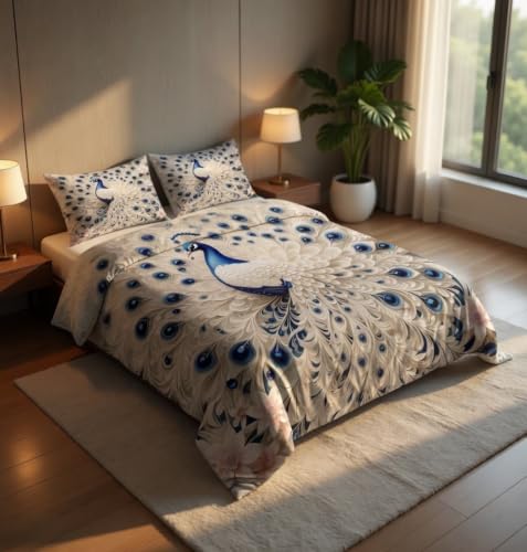 Image of 7D Printed King Size Bedsheet with 2 Pillowcases, White Peacock