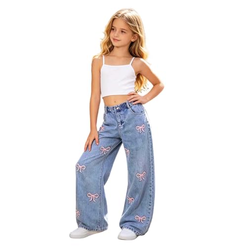 Jean fille large droit, pantalon décontracté automne en denim lavable en machine