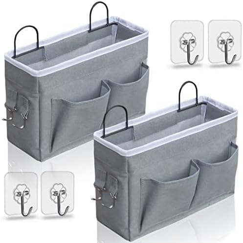 Kanrichu 2pcs Middle Wall Hanging Organizer Bag, Linen Fabric Door Hanging Storage Basket with Pockets, Waterproof Bin for Kitchen, Bedroom, Office, RV Camper (Gray)