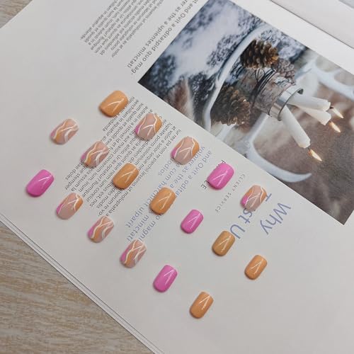 KXAMELIE Glossy Pink Press On Nails Short Square Coffin Nails With Colorful Swirls Design for Summer Manicure,24 pieces - Image 4
