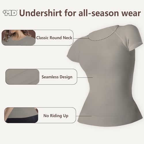 Image of +MD Women's Seamless Short Sleeve Undershirt, Light Compression Scoop Neck Tank Top, Tummy Control Basic Tee Camisole
