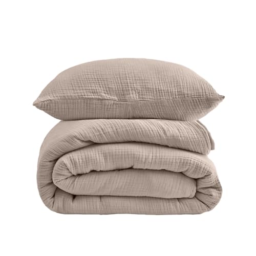 DerF HOME Muslin Bettwäsche 200x220 cm + 2x80x80 cm – Helles Khaki, 100% Baumwolle, Muslin Doppelbett-Set, Blickdicht, weich & atmungsaktiv, Oeko-TEX Standard 100, waschbar bis 60°C