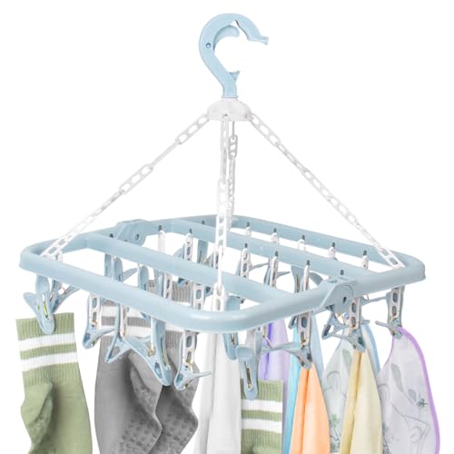 CHGANG Folding Sock Dryer with 32 Pegs Plastic Sock Hangers with Clips Underwear Hanger for Washing Line Accessories Drip Airer Hanging Sock Rack for Shoe Insoles Underwear Bras Baby Clothes