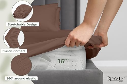 Image of Royale Linens 100% Organic Cotton Full Fitted Sheet Only - Percale Weave - Super Soft Deep Pocket Bottom Sheets - Chocolate Elastic Sheet - Full Size Fitted Sheets Only - (54 inchx75 inch+15 inch, Chocolate)